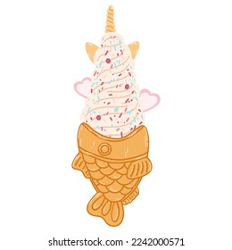 Taiyaki fish-shaped ice cream cone in cartoon flat style. Hand drawn vector illustration of traditional Japanese food, sweet, dessert
