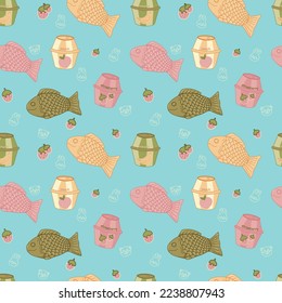 Taiyaki y la leche de fruta patrón brillante. Pasteles en forma de pescado, fresa, plátano, batido de melocotón. Fondo dibujado a mano por el vector