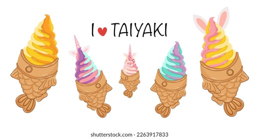 Taiyaki ice cream. Banner with ice cream. Party ice cream unicorn.