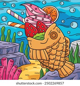 Taiyaki Ice Cream Colored Cartoon Illustration