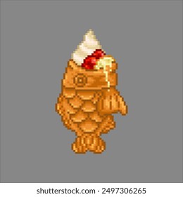 Taiyaki with ice cream and fruits, pixel art food