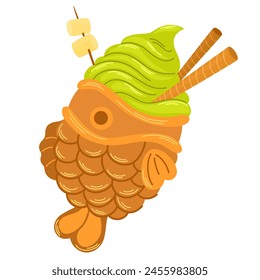 Taiyaki ice cream japanese bakery. Fish-shaped cake with matcha ice cream. Japanese street food. Cartoon vector.