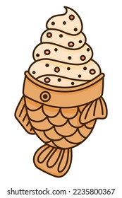 Taiyaki ice cream japanese pastry. Fish shaped cake with vanilla ice cream. Japanese street food