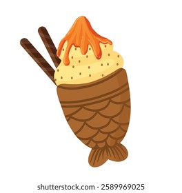 Taiyaki ice cream vector illustration featuring a crispy fish-shaped cone filled with banana ice cream, caramel topping, and chocolate wafer sticks. A delightful dessert-themed digital artwork