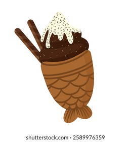 Taiyaki ice cream vector illustration featuring a crispy fish-shaped cone filled with choco ice cream, powdered sugar , and chocolate wafer sticks. A delightful dessert-themed digital artwork