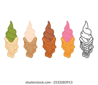 Taiyaki Ice Cream Vector Image, Fish Shaped Cone Ice Cream, Ice Cream Vector, Japanese dessert called Taiyaki Ice Cream.