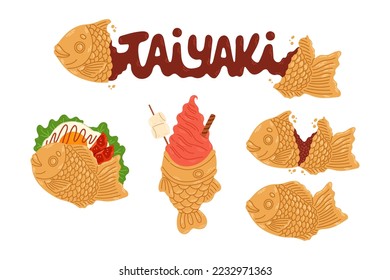 Taiyaki japanese bakery set. Fish-shaped cake with red bean filling. Japanese street food. Cartoon vector illustration.