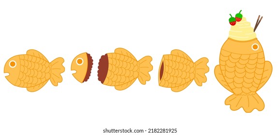 Taiyaki japanese bakery.Fish-shaped cake with red bean filling.Bungeoppang ice cream.Korean street food.Sign, symbol, icon or logo isolated.Flat design.Clipart.Cartoon vector illustration.Graphic.
