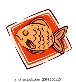 Taiyaki, Japanese cake of fish shape. Waffle with red bean paste stuffing on square plate, top view. Asian street food mascot, Taiyaki takeaway dessert vector illustration in cartoon retro style.