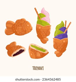 Taiyaki Japanese dessert fish-shaped cake filled with sweet red bean paste or Matcha vector set. Japan Asia traditional street food, ice cream delicious food illustration