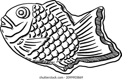 Taiyaki Japanese Fish-shaped cake with sweet filling of red bean cream paste Hand drawn line art Food Illustration