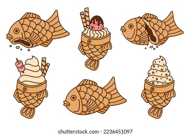 Taiyaki japanese pastry set. Fish shaped cake stuffed with red adzuki bean, ice cream. Japanese street food