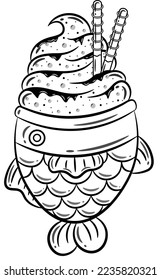 Taiyaki con un boceto de dibujo de helados rosados para colorear