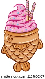 Taiyaki con un dibujo de helado rosa