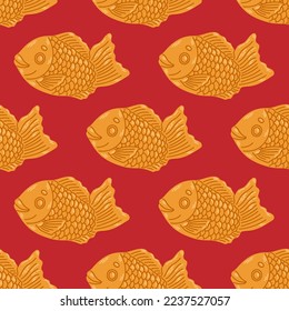 Taiyaki seamless pattern. Fish-shaped cake with red bean filling. Japanese street food. Cartoon vector illustration.