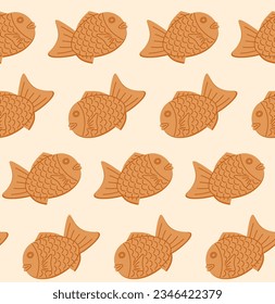 Taiyaki seamless pattern. Japanese fish-shaped cake with filling from bean paste. Traditional dessert. Asian sweet food. Vector illustration. 