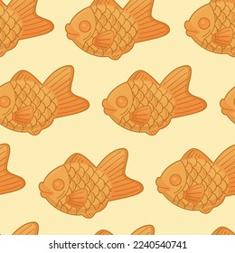 Taiyaki seamless pattern. Traditional Japanese sweets in fish shape. Asian food. Colorful vector illustration isolated on white background.