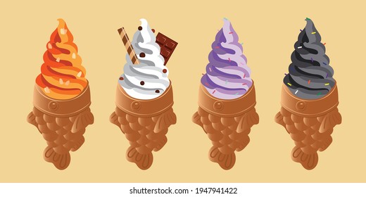 Taiyaki. Set of Taiyaki ice cream. Japanese fish-shaped cake with red bean filling. Vector illustration.