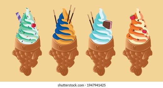 Taiyaki. Set of Taiyaki ice cream. Japanese fish-shaped cake with red bean filling. Vector illustration.