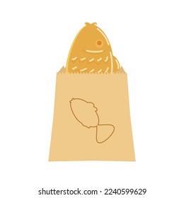 Taiyaki in the shape of a fish wrapped in a branded paper bag