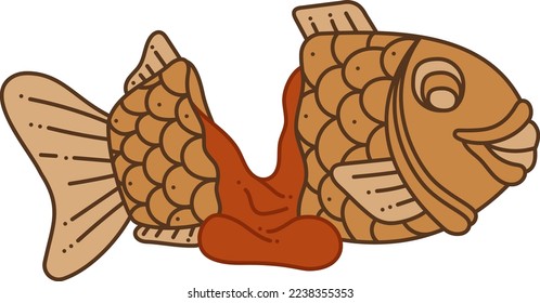 Taiyaki single doodle6. Cute Asian sweet stuffed fish. Cartoon color vector illustration.