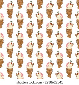 Taiyaki single pattern14. Cute Asian sweet stuffed fish with ice cream. Cartoon color vector illustration.