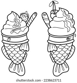 Taiyaki two doodle. Cute Asian sweet stuffed fish with ice cream. Cartoon white and black vector illustration.