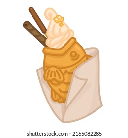 taiyaki vanilla milk ice cream  topping with chocolate wafer roll and gold leaf in a paper envelope kawaii doodle flat vector illustration