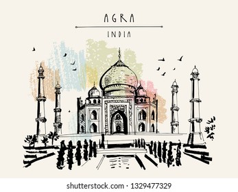 Taj Mahal in Agra, India. Old historical architecture. Taj Mahal Mausoleum. Famous historical landmark. Vector hand drawn travel postcard