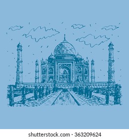 The Taj Mahal, Agra, India. Vector freehand pencil sketch. 