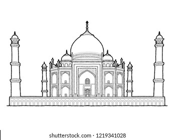 Taj Mahal, Agra, Uttar Pradesh, India: Landmark Vector Illustration Hand Drawn Cartoon Art Vector de stock