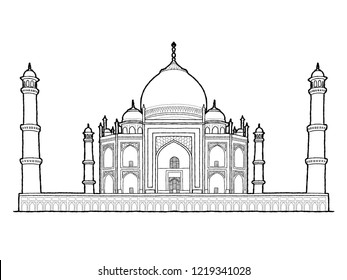 Taj Mahal, Agra, Uttar Pradesh, India: Landmark Vector Illustration Hand Drawn Cartoon Art