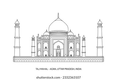 Taj Mahal - Agra, Uttar Pradesh India - Line Art Vector Illustration