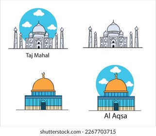 Taj mahal and al aqsa mosque hand drawing vector illustration.