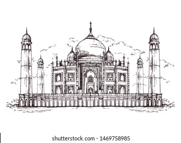 Taj Mahal an ancient Palace in India. landmark or architecture, hindu Temple. Traditional mausoleum-mosque. engraved hand drawn in old sketch.