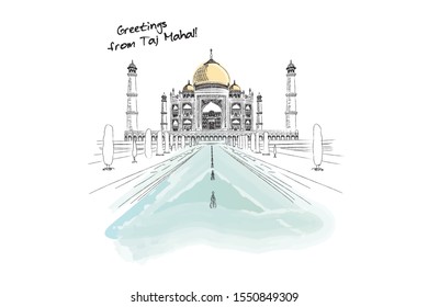 Taj Mahal an ancient Palace in India hindu Temple. Traditional mausoleum-mosque. engraved hand drawn sketch, watercolor style.