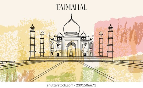 Taj Mahal an ancient Palace in India. landmark or architecture, hindu Temple. Traditional mausoleum-mosque. engraved hand drawn in old sketch, vintage style. Agra on the bank of the river Yamuna