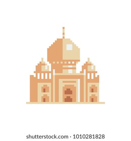 Taj Mahal. Architecture landmark of Agra, India. Pixel art style icon. Indian temple. Sticker design. Isolated vector illustration.  Vector de stock