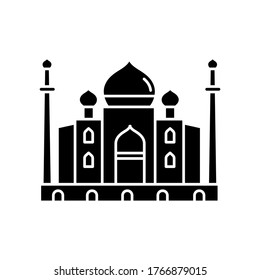 Taj Mahal black glyph icon. Marble mausoleum. Historical monument. Mughal architecture. Tourist attraction. Wonder of world. Silhouette symbol on white space. Vector isolated illustration