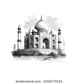 Taj Mahal. Black and white illustration of Taj Mahal.