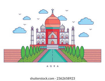 Edificios del Taj Mahal en forma de vector plano, paisaje de la ciudad de Agra con icono de hitos famosos, ilustración de vector aislada
