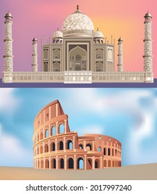 Taj Mahal And Colosseum Vector Illustration