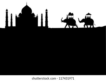 Taj Mahal & decorated elephants at sunset