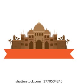 taj mahal, famous monument of india with ribbon vector illustration design