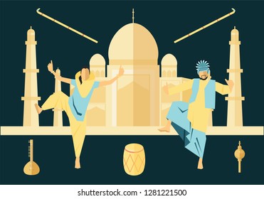 Taj Mahal Flat Vector Design With Bhangra People Dancing In Front Of It.