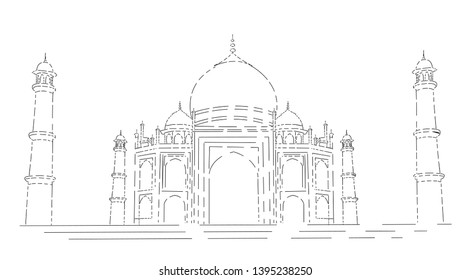 Taj Mahal Hand Drawn, India Agra - Line art vector illustration.