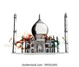 Taj Mahal Hand Drawn, India Agra - Outline for Design Vector Illustration