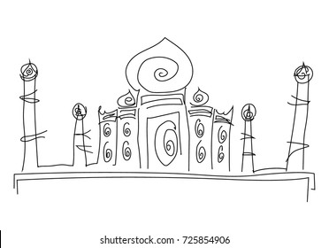Taj Mahal hand-drawn black handle and traced, drawing doodles, laconic image of the building.