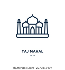 taj mahal icon from india collection. Thin linear taj mahal, travel, architecture outline icon isolated on white background. Line vector taj mahal sign, symbol for web and mobile