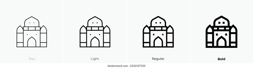 ícone taj mahal. Design fino, leve, regular e negrito, isolado no fundo branco